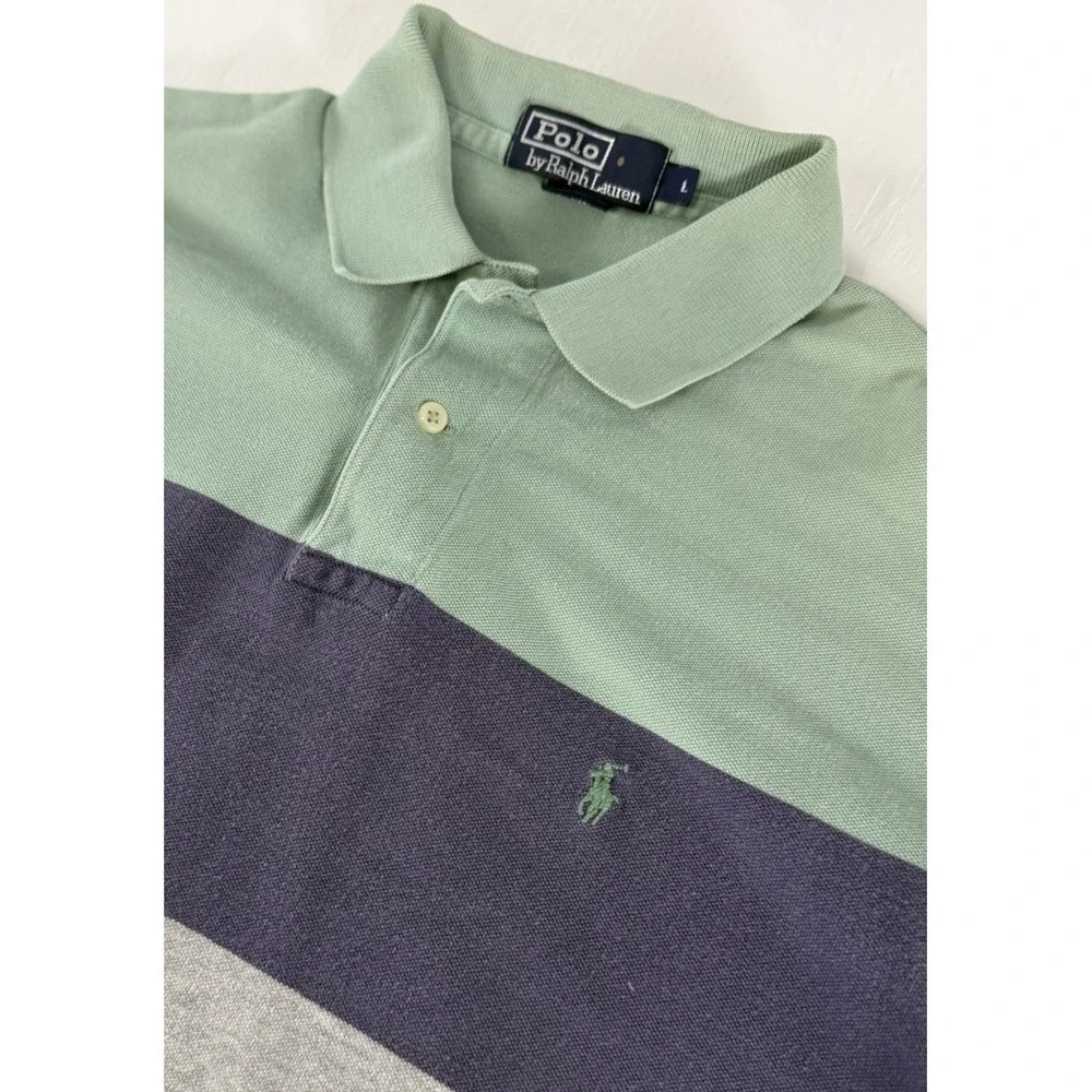 Vintage Polo Ralph Lauren Men Size L Color Block Shirt 90s Blue Green Gray‎ Y2K